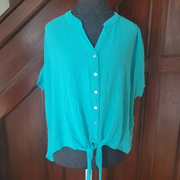 Chicos Womens Button-Up Tie-Front Blouse Size 2 Turquoise Large - Picture 1 of 7